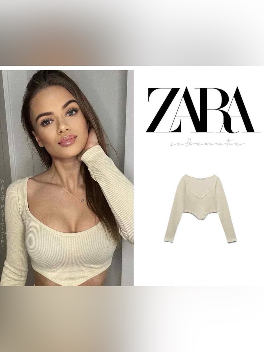 Zara Cream Ribbed Long-Sleeve Crop Top